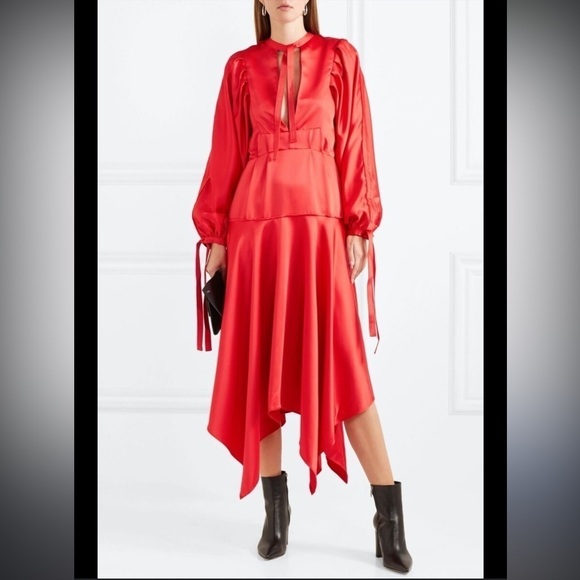 Self-Portrait Asymmetric Cutout Satin Peplum Midi Dress - Picture 2 of 14